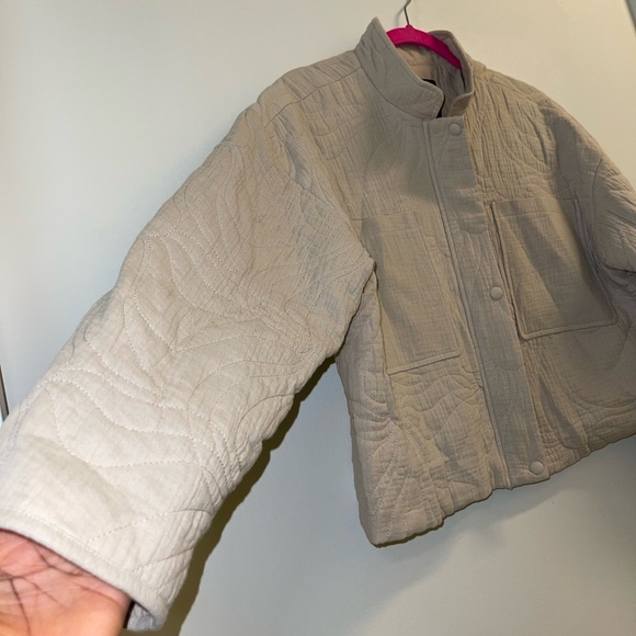 7 For All Mankind Floral Quilted Zip Up Cropped Lightweight Neutral Jacket Large - Picture 4 of 8